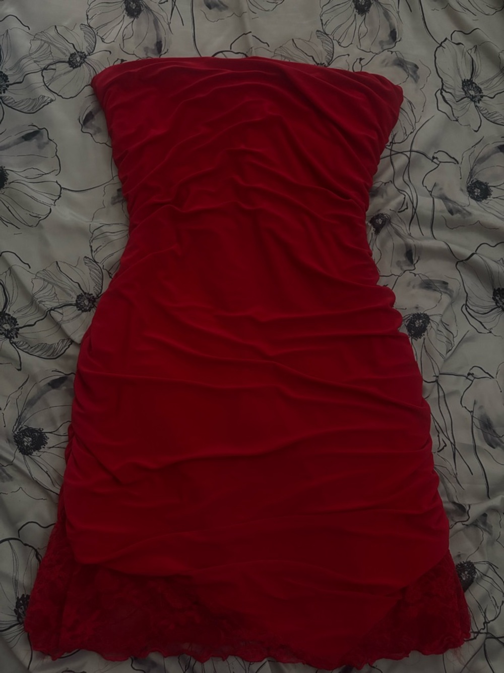Red Strapless Ruched Lace Hem Dress